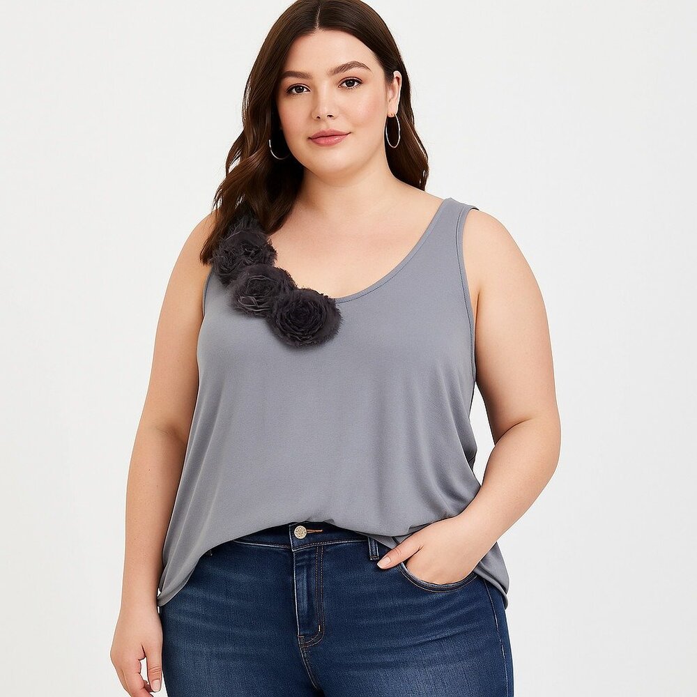 Torrid Gray Sleeveless Floral Applique Rosette‎ Tank Top Womens Plus Size 1 1X